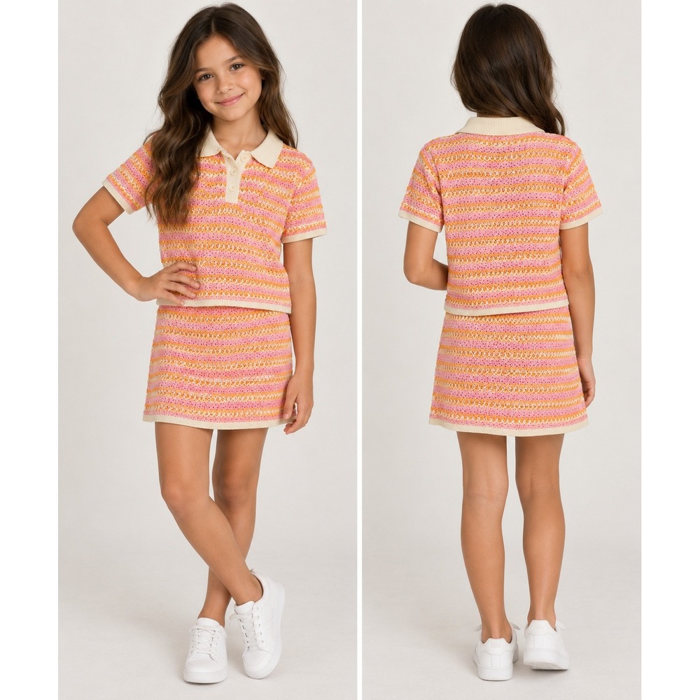Zara Kids Girls Pink Orange Striped Knit Polo Top and Skirt Set Size 8-9 130